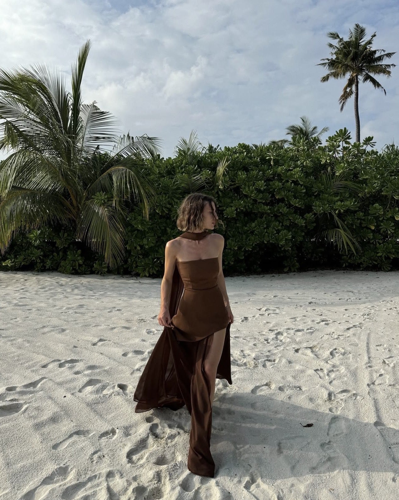 Asymmetrical Maxi Dress with Sheer Skirting Detachable Tie