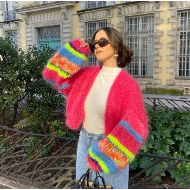 Knitted short cardigan with puff sleeves for women
