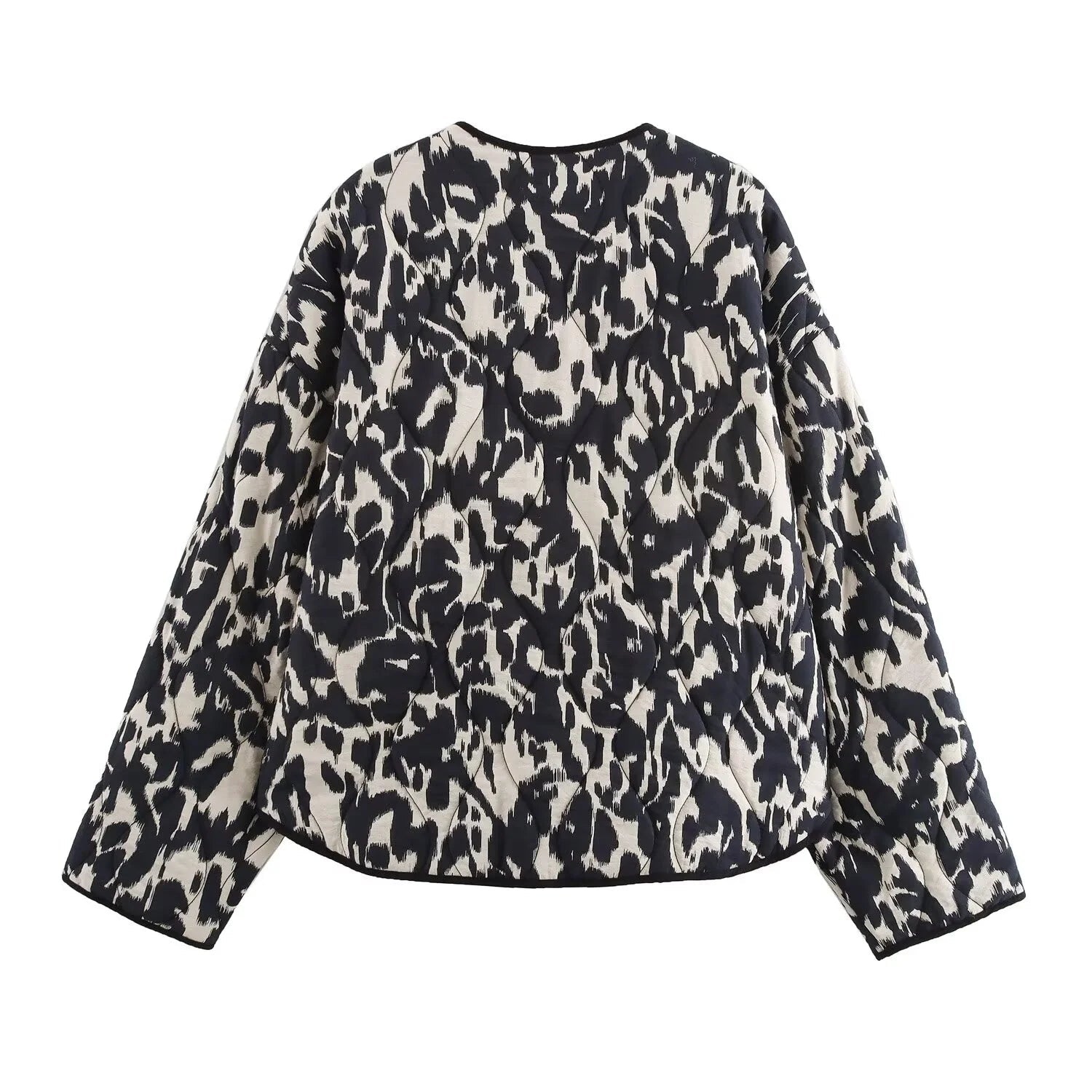 Quilted Jacket with Round Neck and Black-and-White Abstract Print