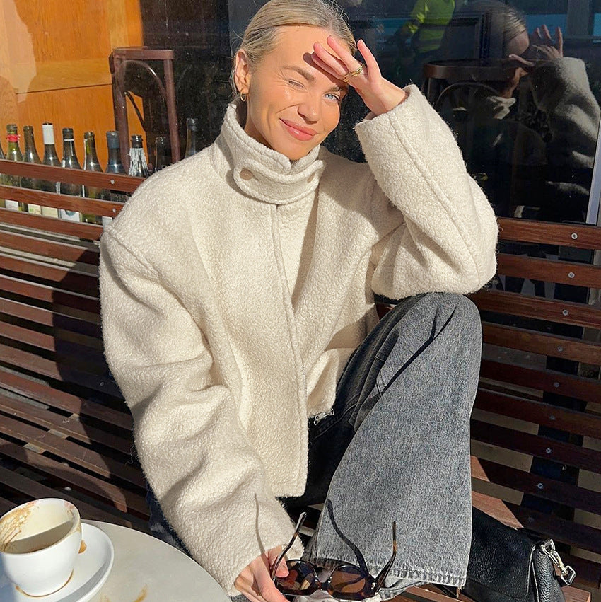 Cozy Stand-Collar Fleece Jacket in a model sitting