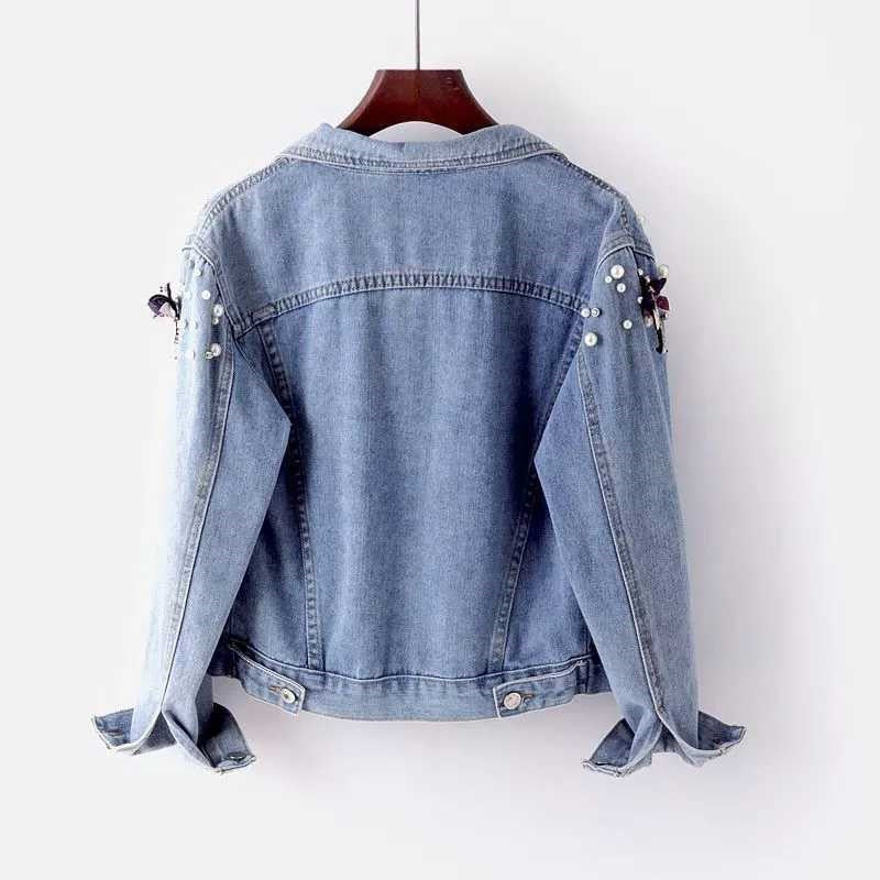 Edgy Denim Jacket with Pearl Bead Detailing