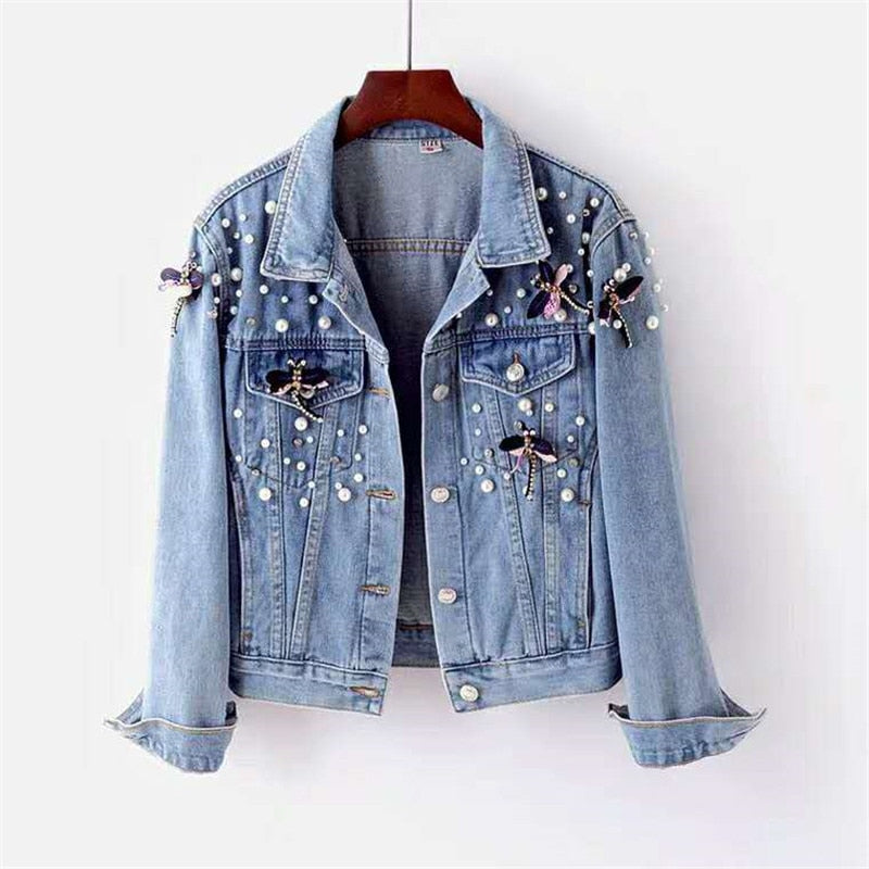 Edgy Denim Jacket with Pearl Bead Detailing