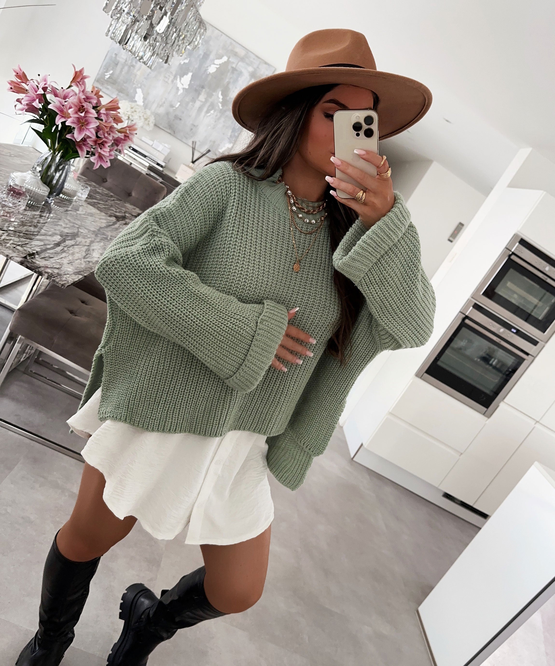 Green Oversized Sweater with Back Hem Detail