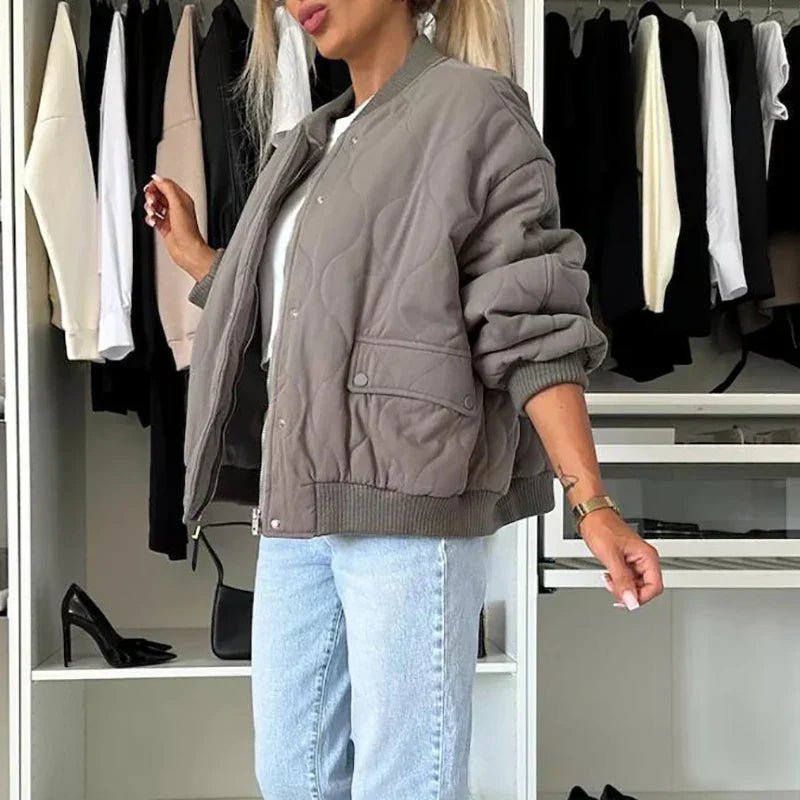 Quilted Bomber Jacket with Snap Fasteners