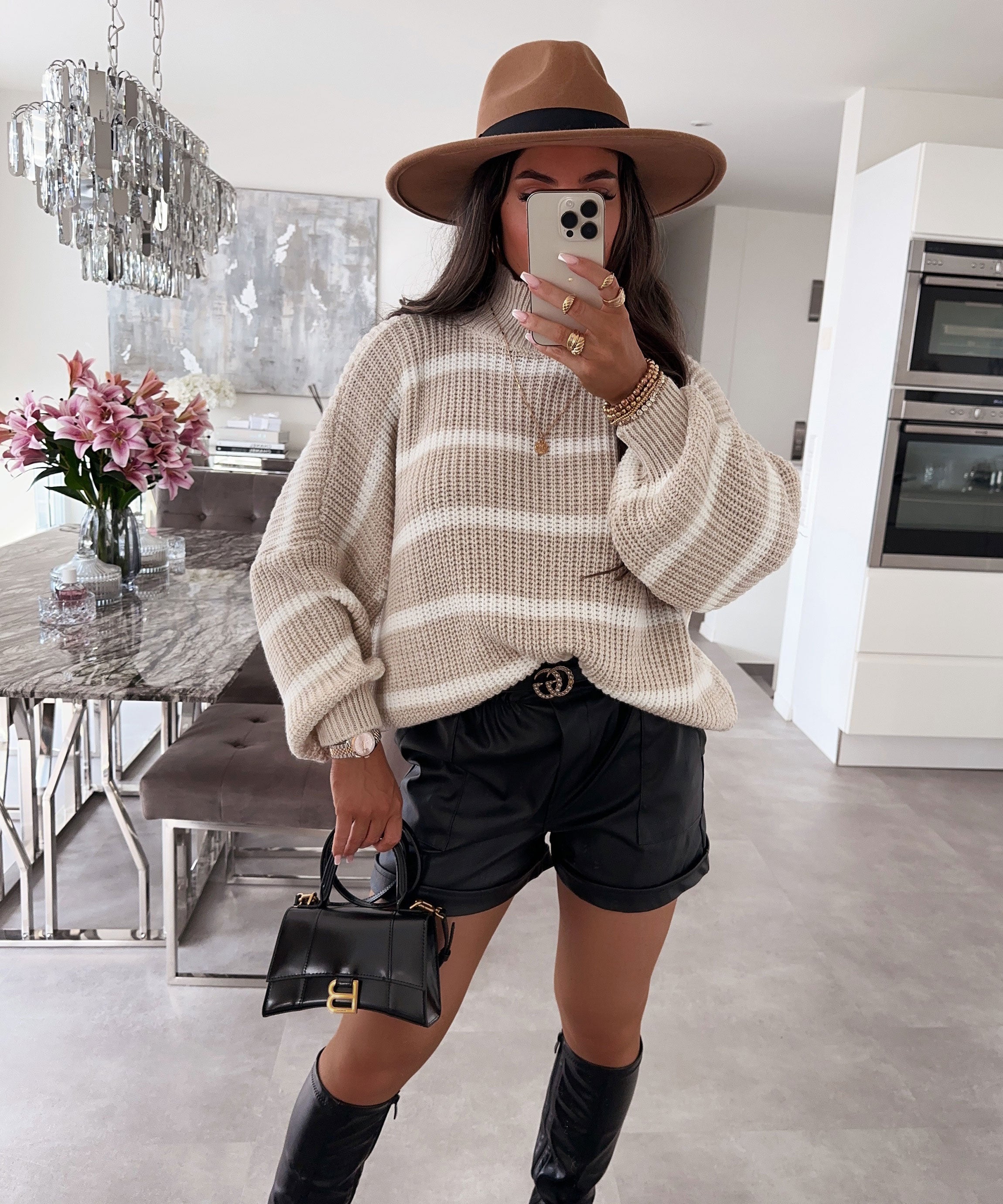 Women’s Striped Knit Sweater in White & Beige