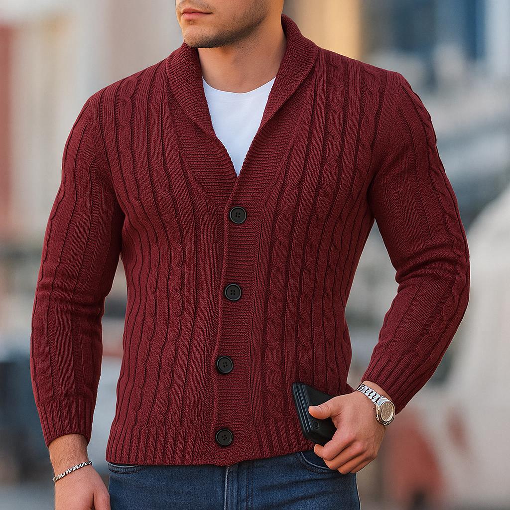Men’s Cable-Knit Button Cardigan with Shawl Collar