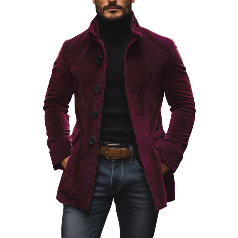 Men’s Corduroy Button Coat with Stand Collar