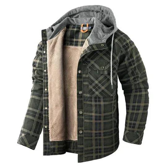 Men’s Hooded Fleece-Lined Plaid Shirt Jacket for Cold Seasons