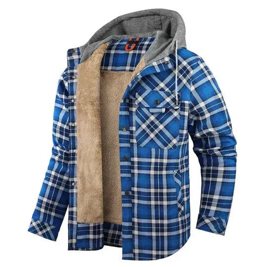 Men’s Hooded Fleece-Lined Plaid Shirt Jacket for Cold Seasons