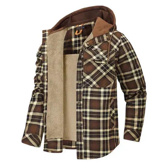 Men’s Hooded Fleece-Lined Plaid Shirt Jacket for Cold Seasons