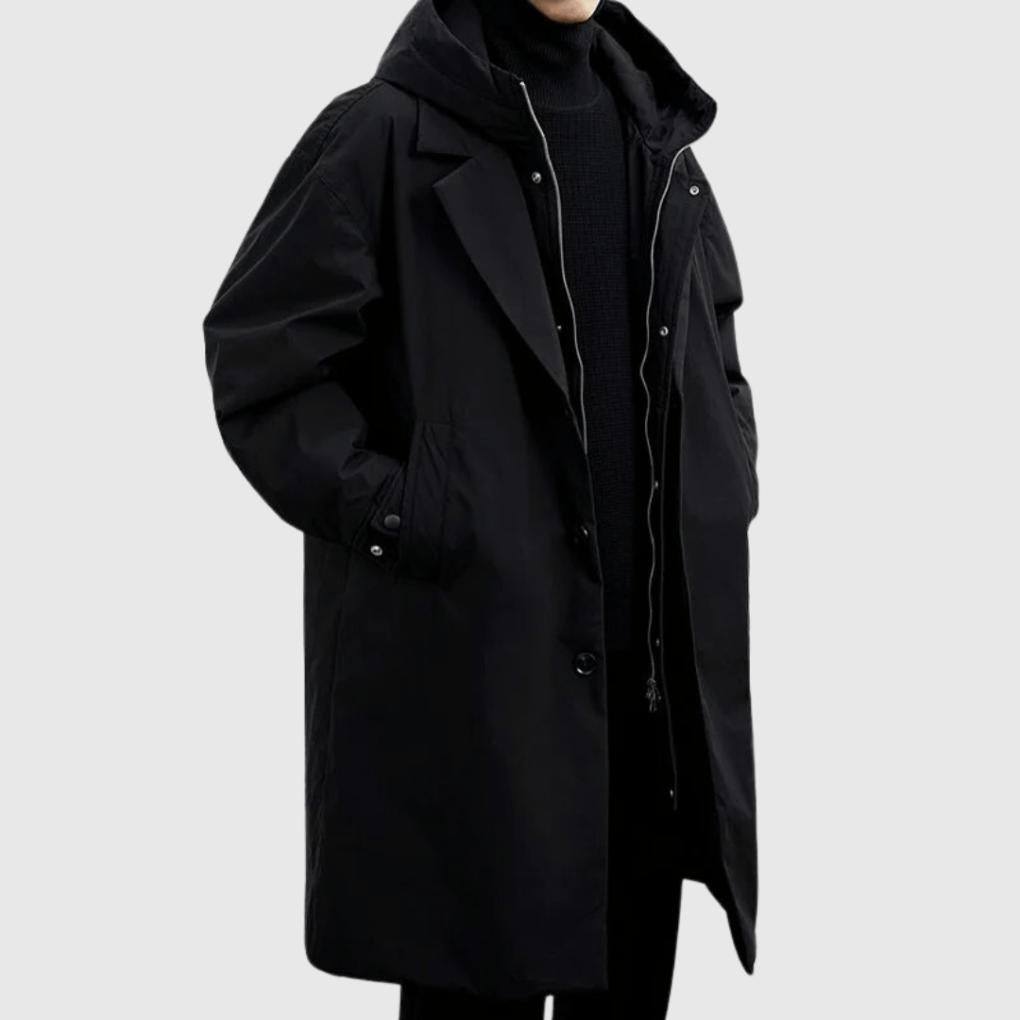 Men’s Hooded Trench Coat with Button and Zip Closure