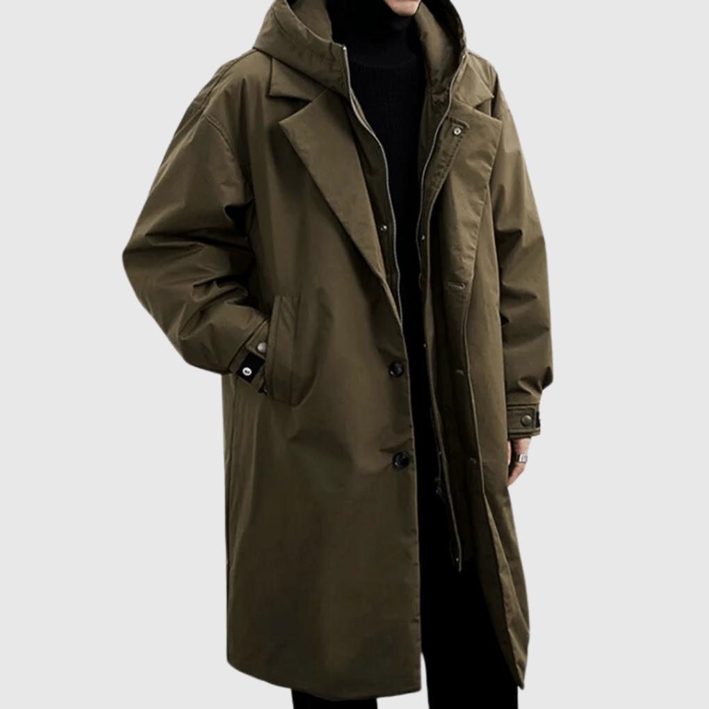 Men’s Hooded Trench Coat with Button and Zip Closure