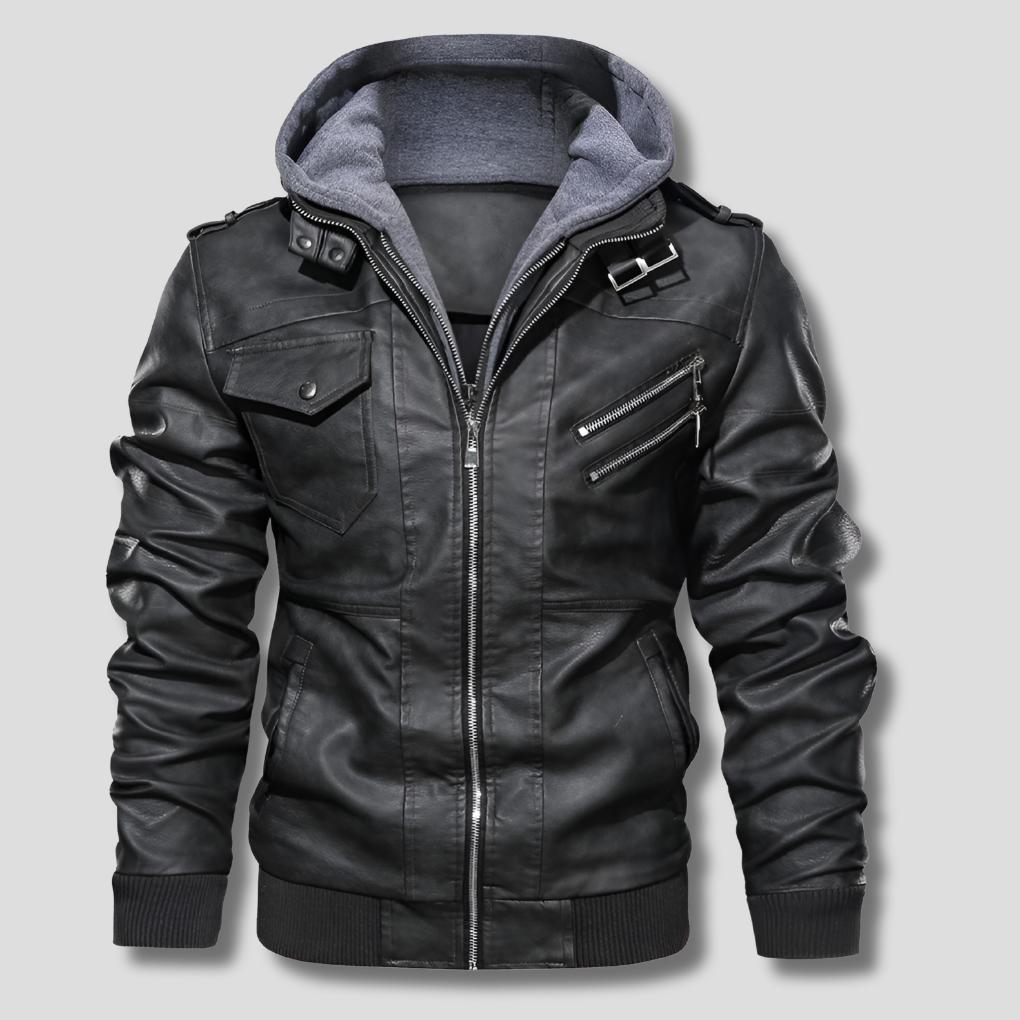 Men’s Hooded Winter Jacket with Biker Detail and Zip Pockets