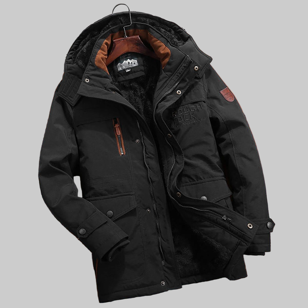 Men’s Hooded Winter Jacket with Front Zip and Flap Pockets
