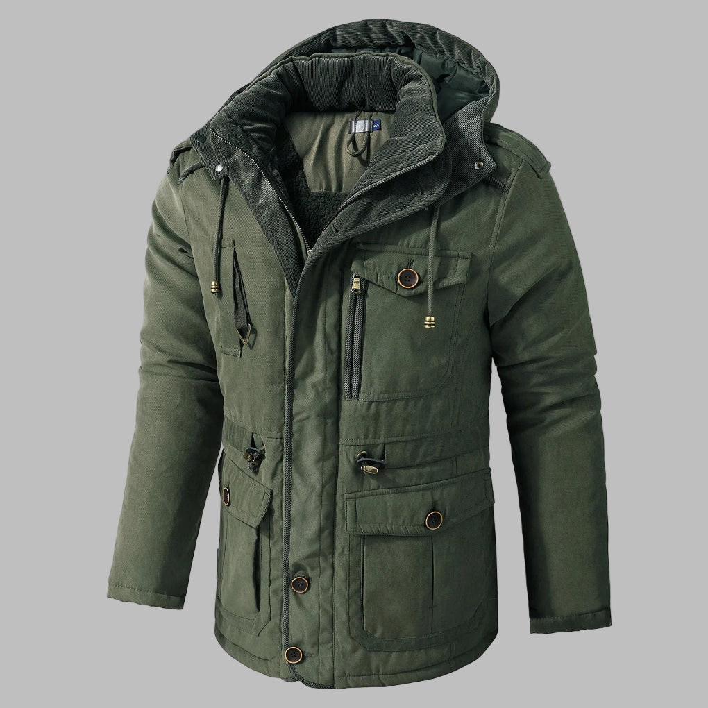 Men’s Multi-Pocket Hooded Winter Jacket with Zip Front