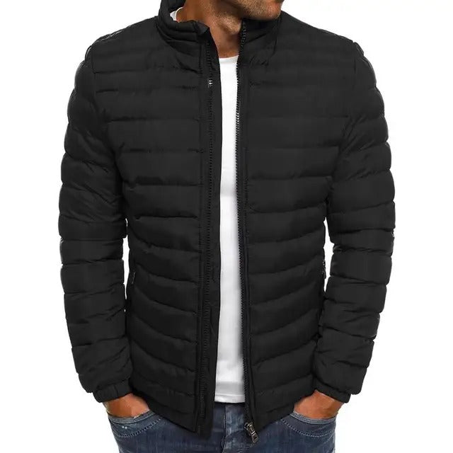Men’s Quilted Puffer Jacket with Stand Collar for Cold Seasons