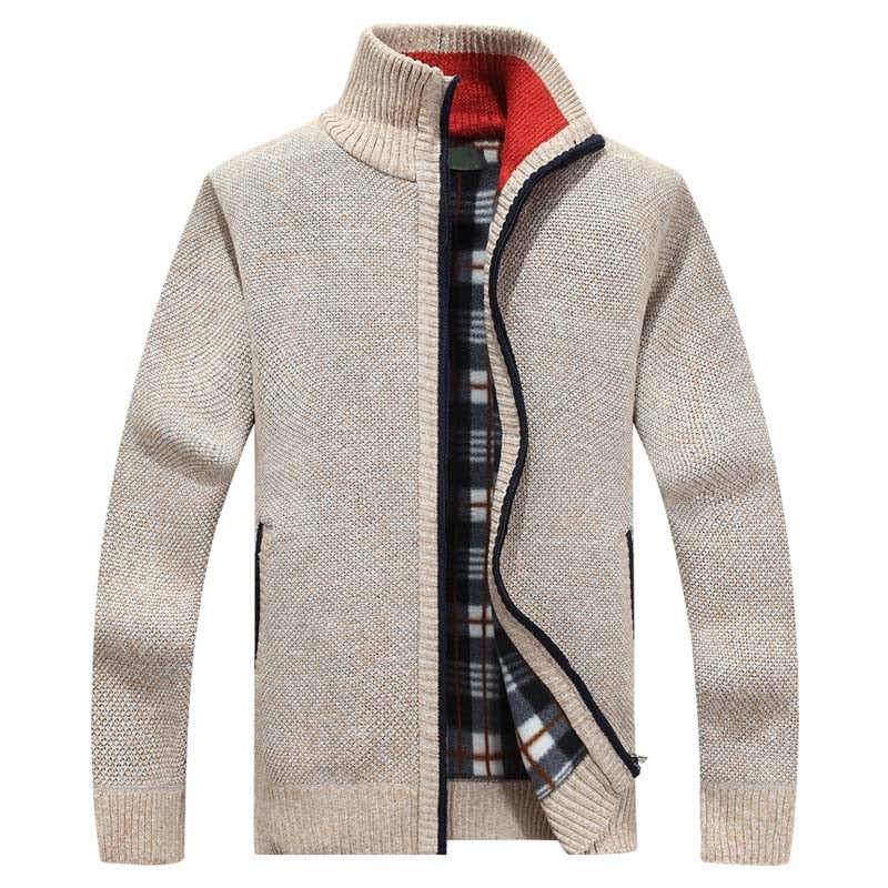 Men’s Zip-Up Knit Cardigan with Stand Collar and Lined Interior