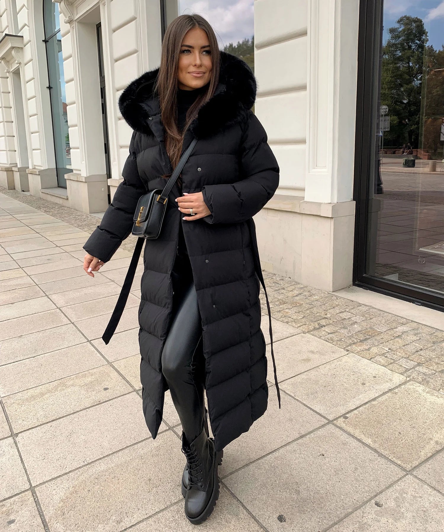 Women’s Black Parka with Removable Faux Fur & Waist Tie