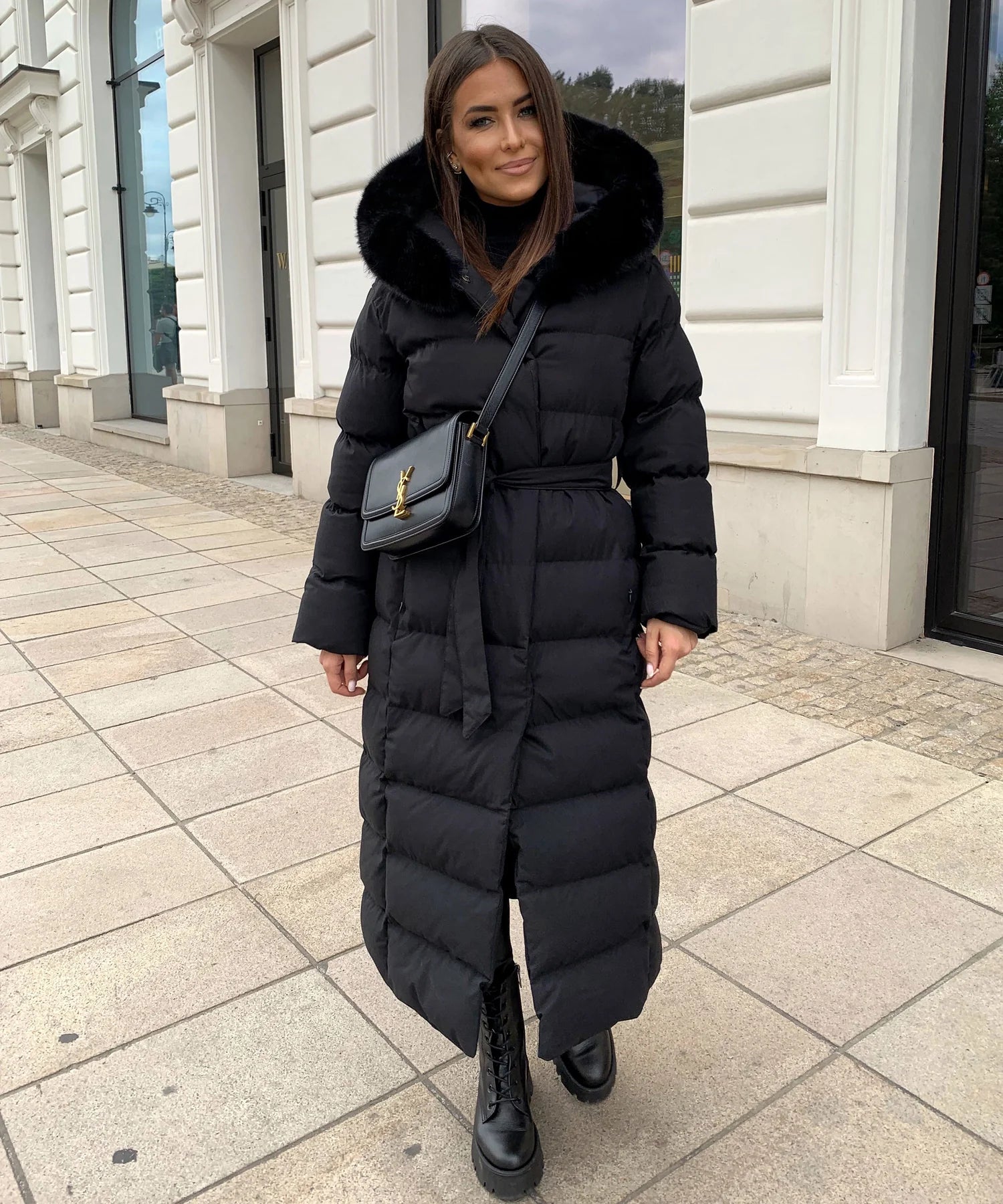 Women’s Black Parka with Removable Faux Fur & Waist Tie