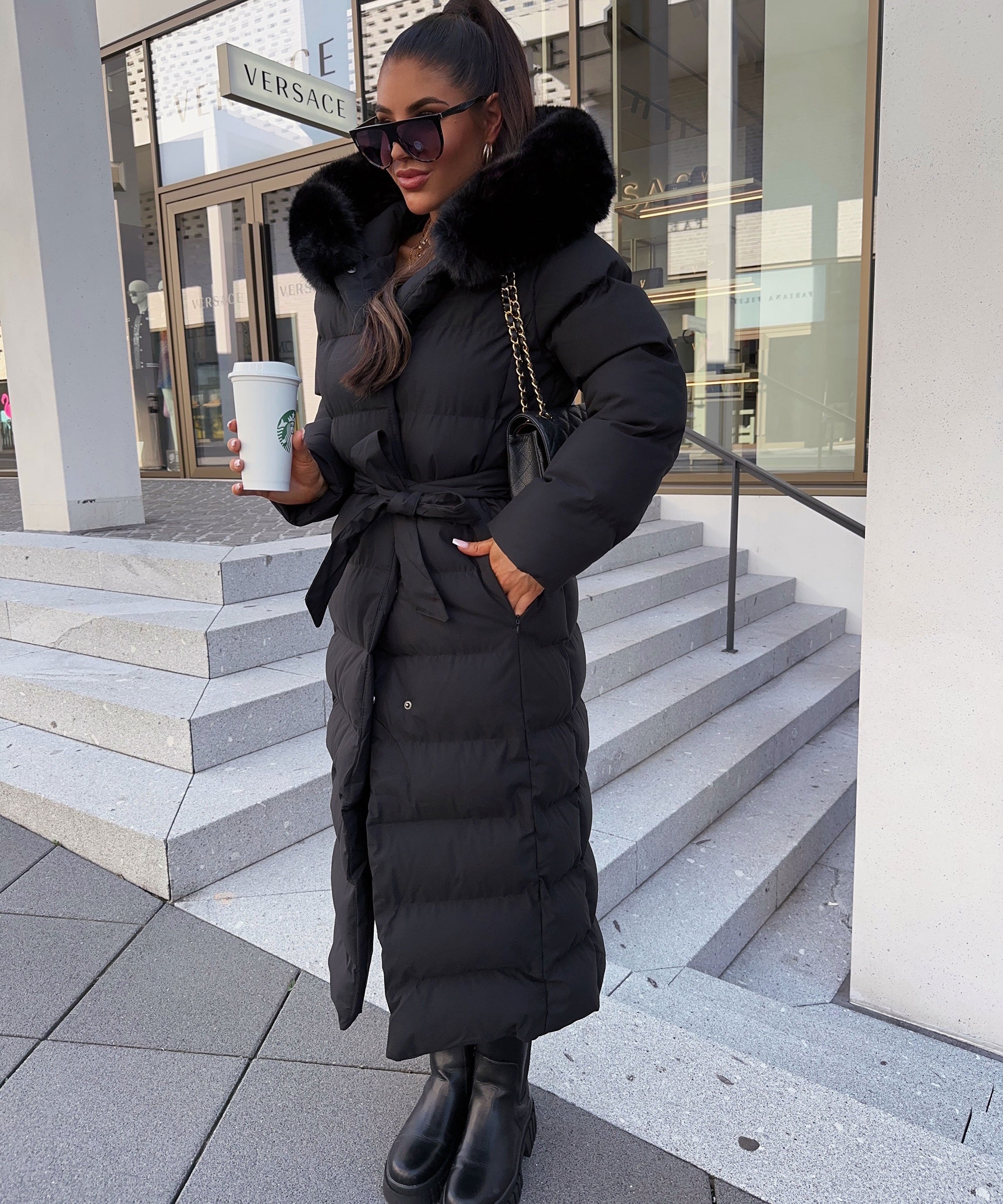 Women’s Black Parka with Removable Faux Fur & Waist Tie