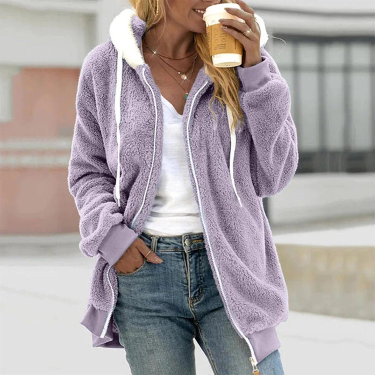 Plush Hooded Jacket With Pockets For Women