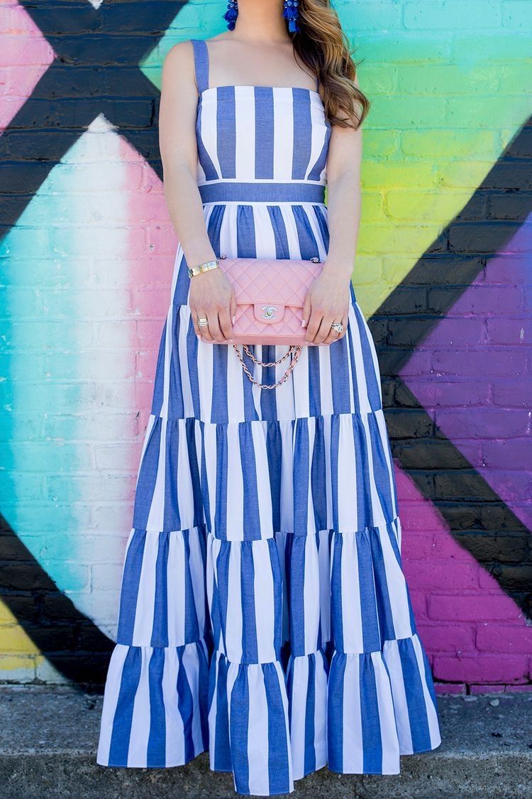 Striped Maxi Dress with Flowing Layered Skirt for Women