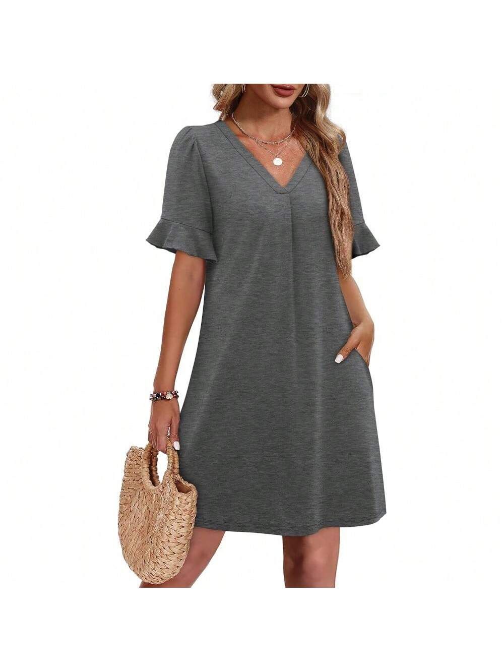 V-Neck Short Sleeve Dress with Pockets for Women
