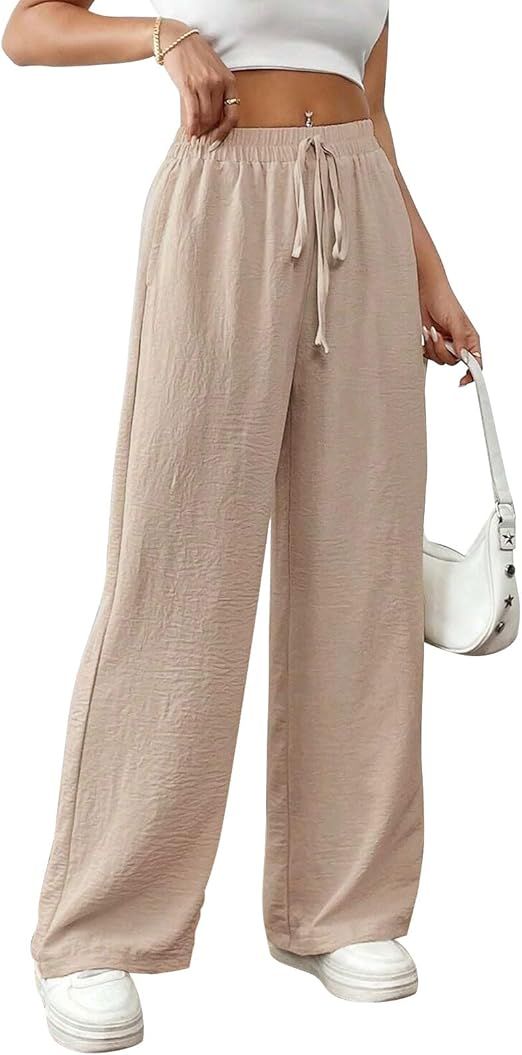 Wide Leg Trousers with Elasticated Drawstring Waist for Women