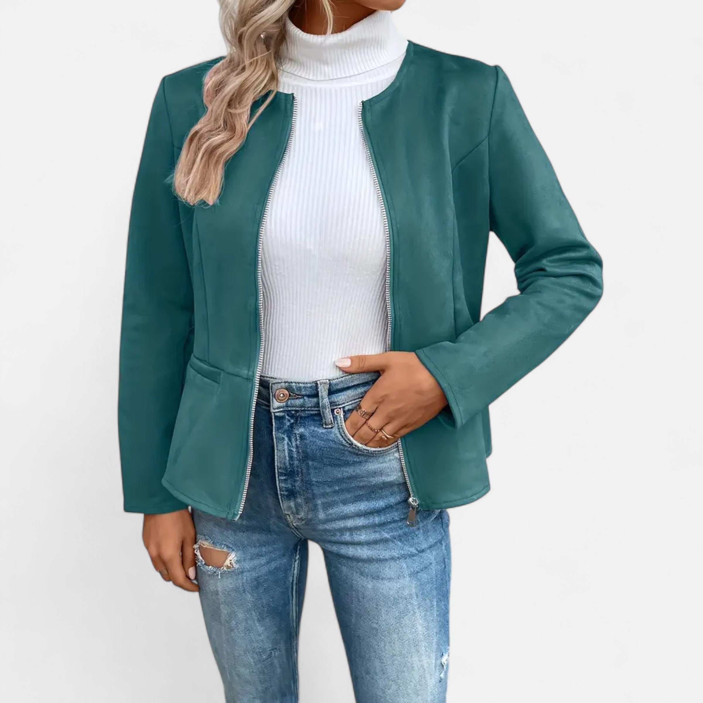 Women Jacket With Round Neck and Zip Detail