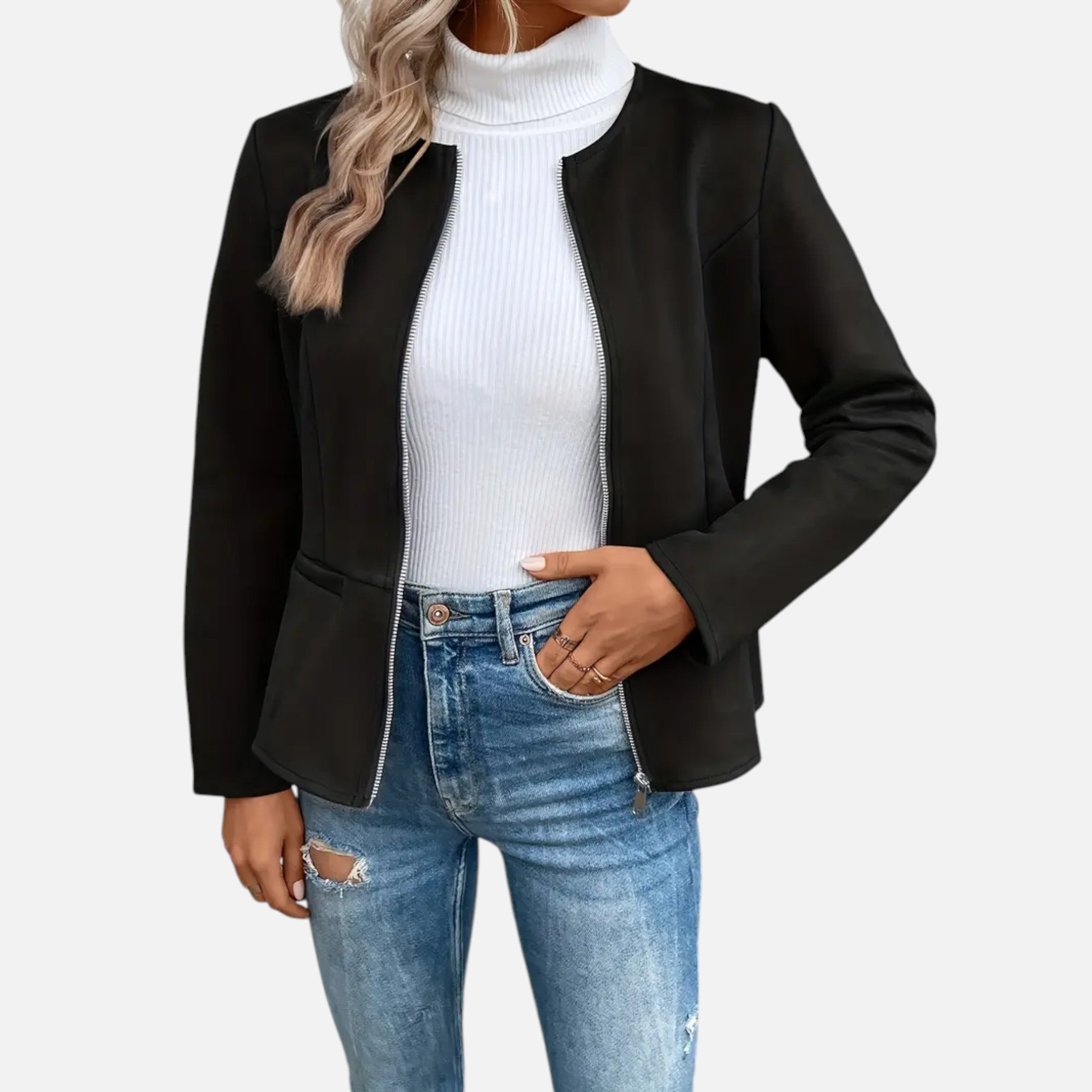 Women Jacket With Round Neck and Zip Detail