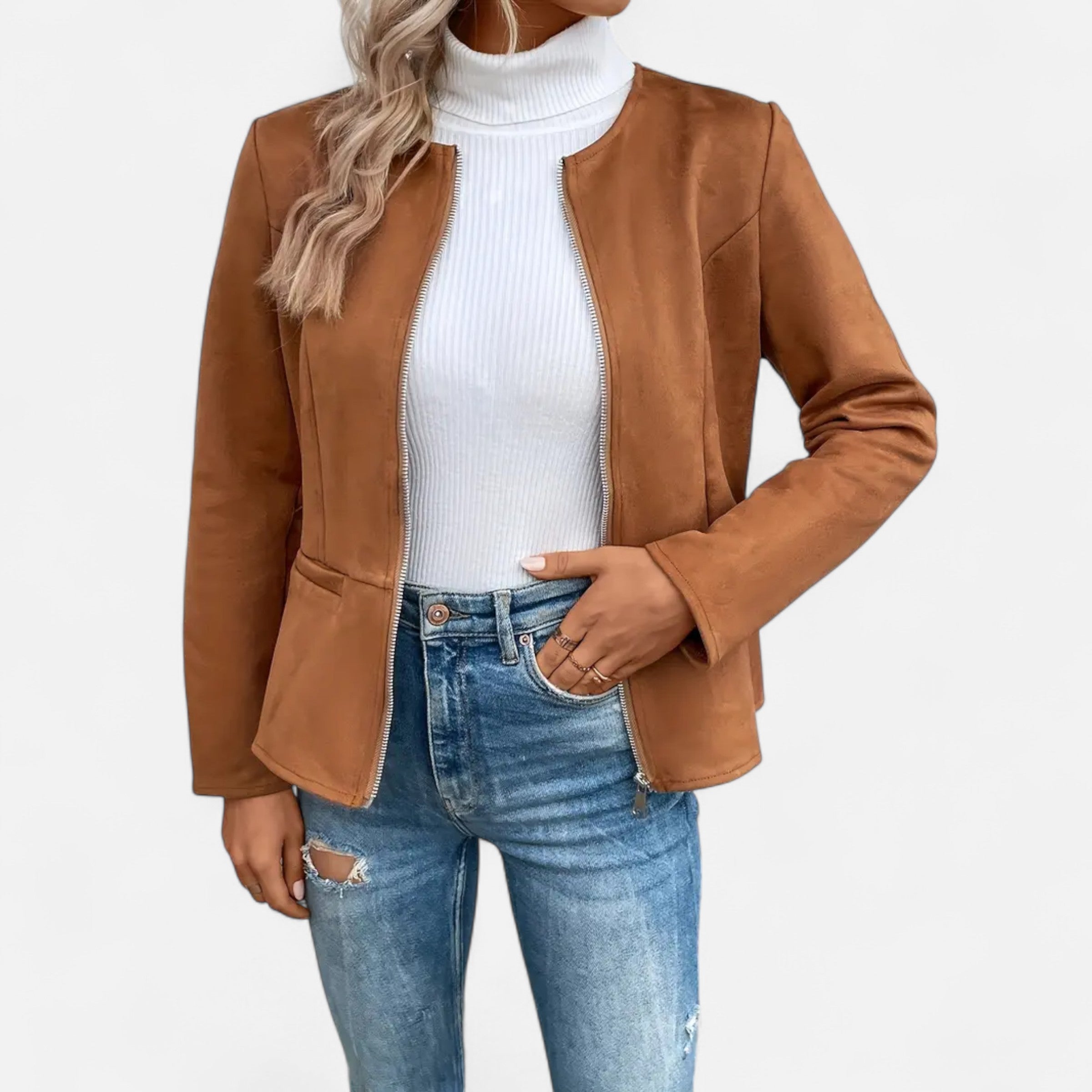Women Jacket With Round Neck and Zip Detail