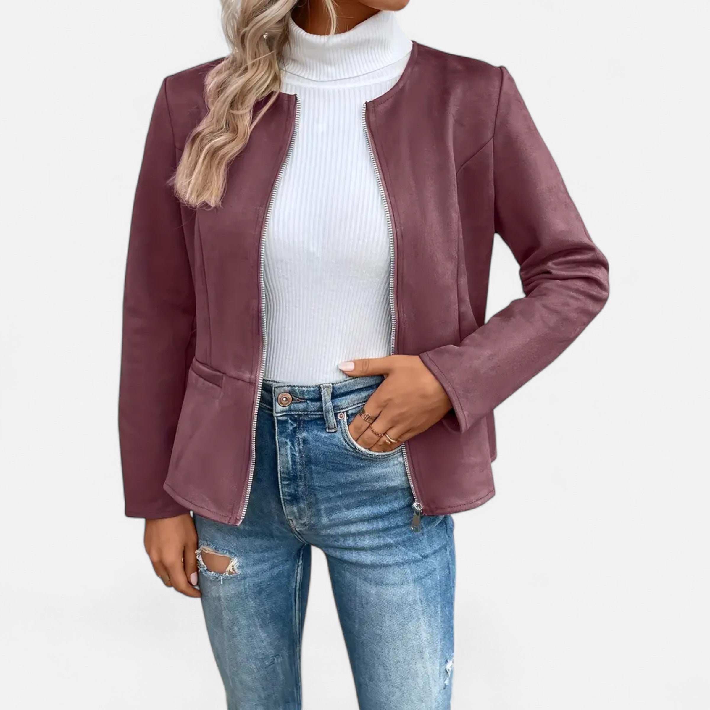 Women Jacket With Round Neck and Zip Detail