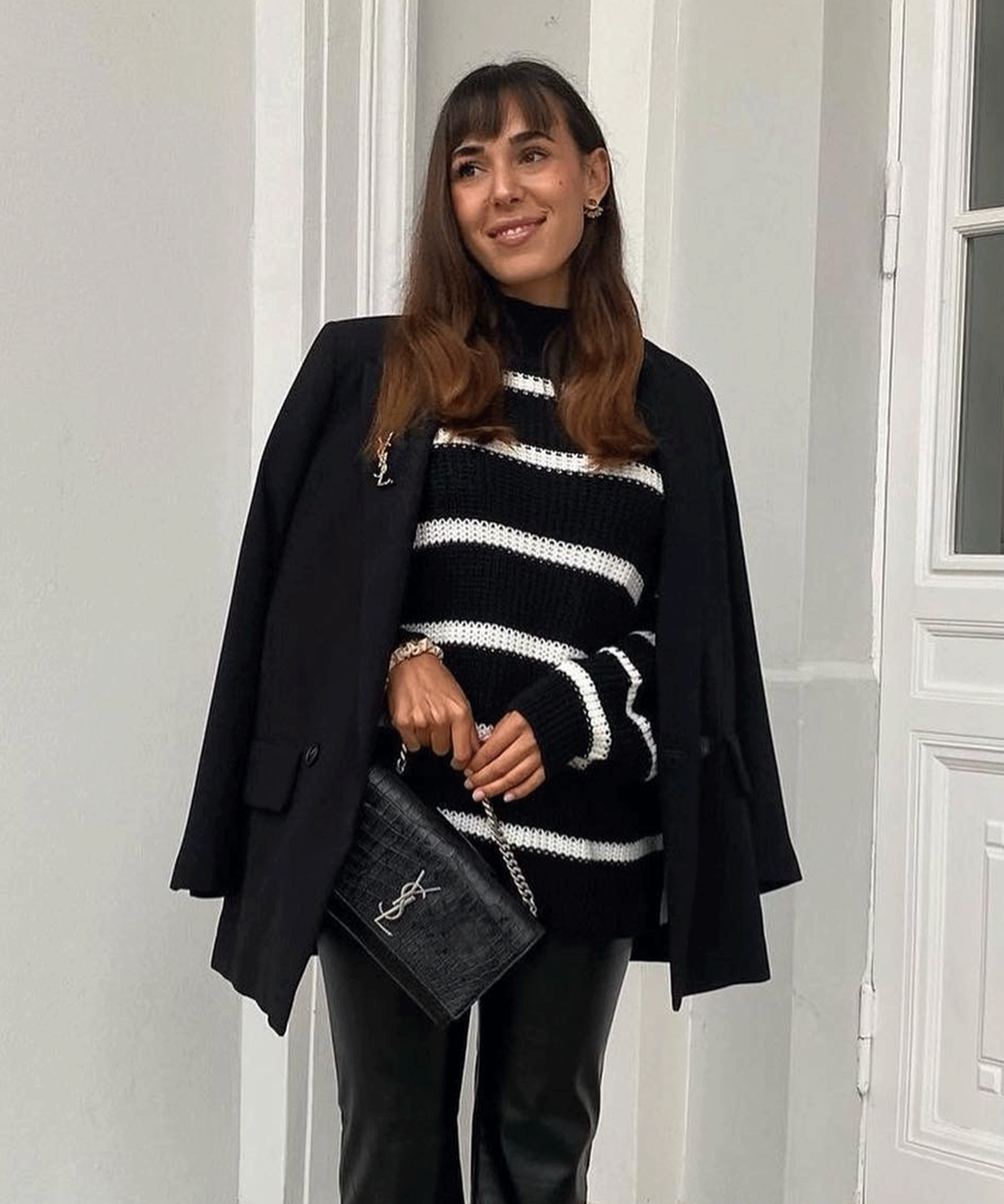 Women’s Black and White Knit Sweater with V-Neck