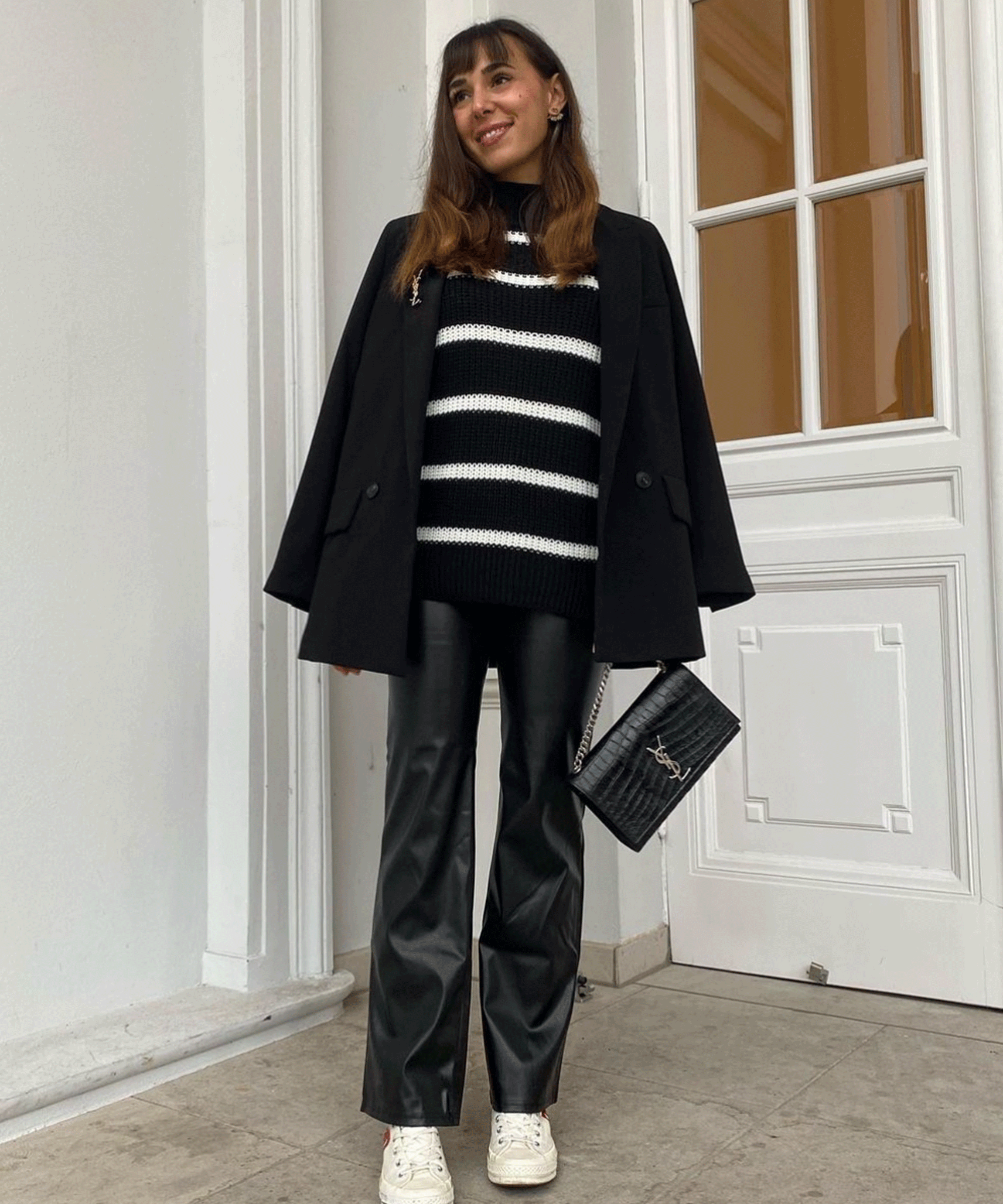 Women’s Black and White Knit Sweater with V-Neck
