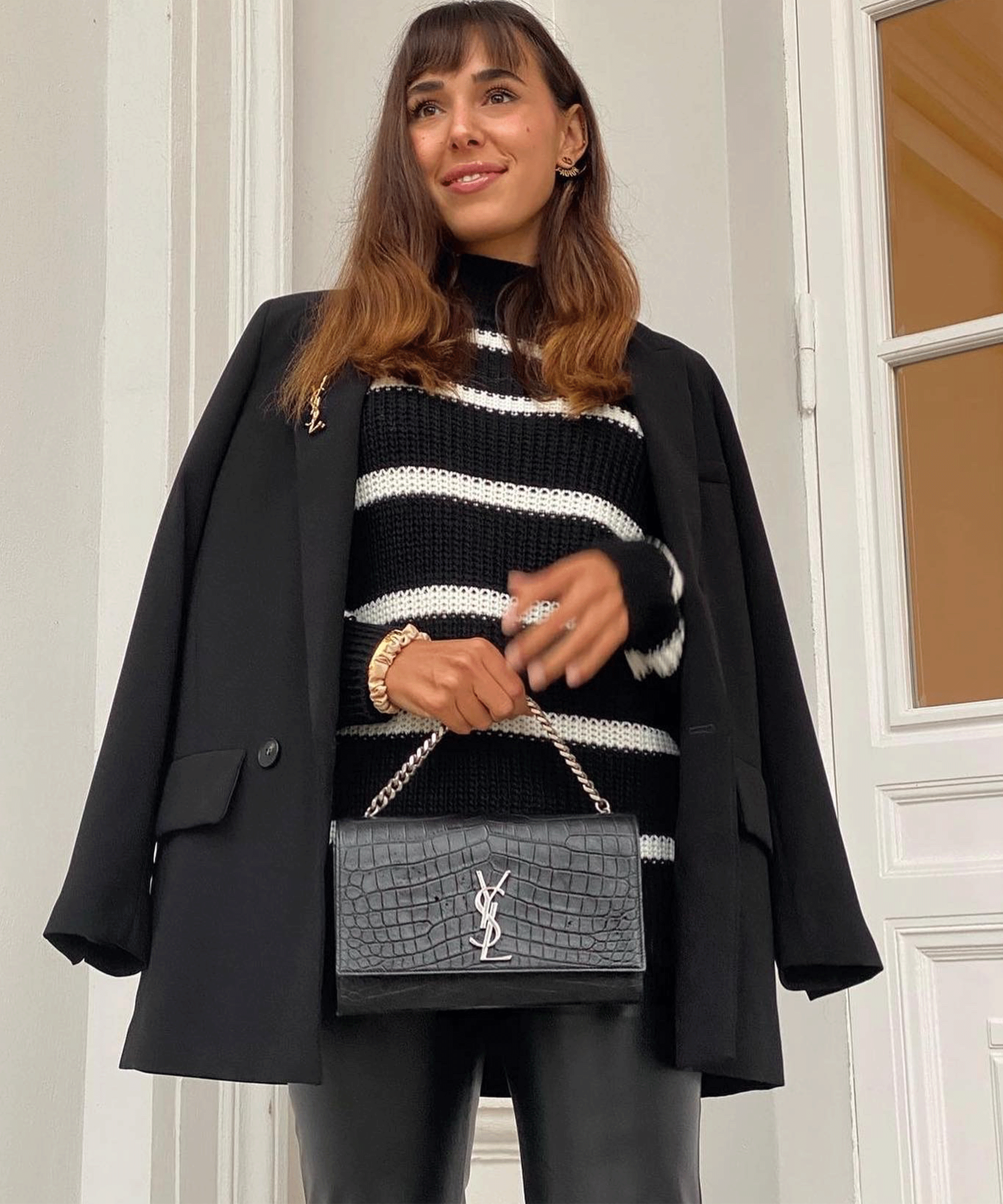 Women’s Black and White Knit Sweater with V-Neck