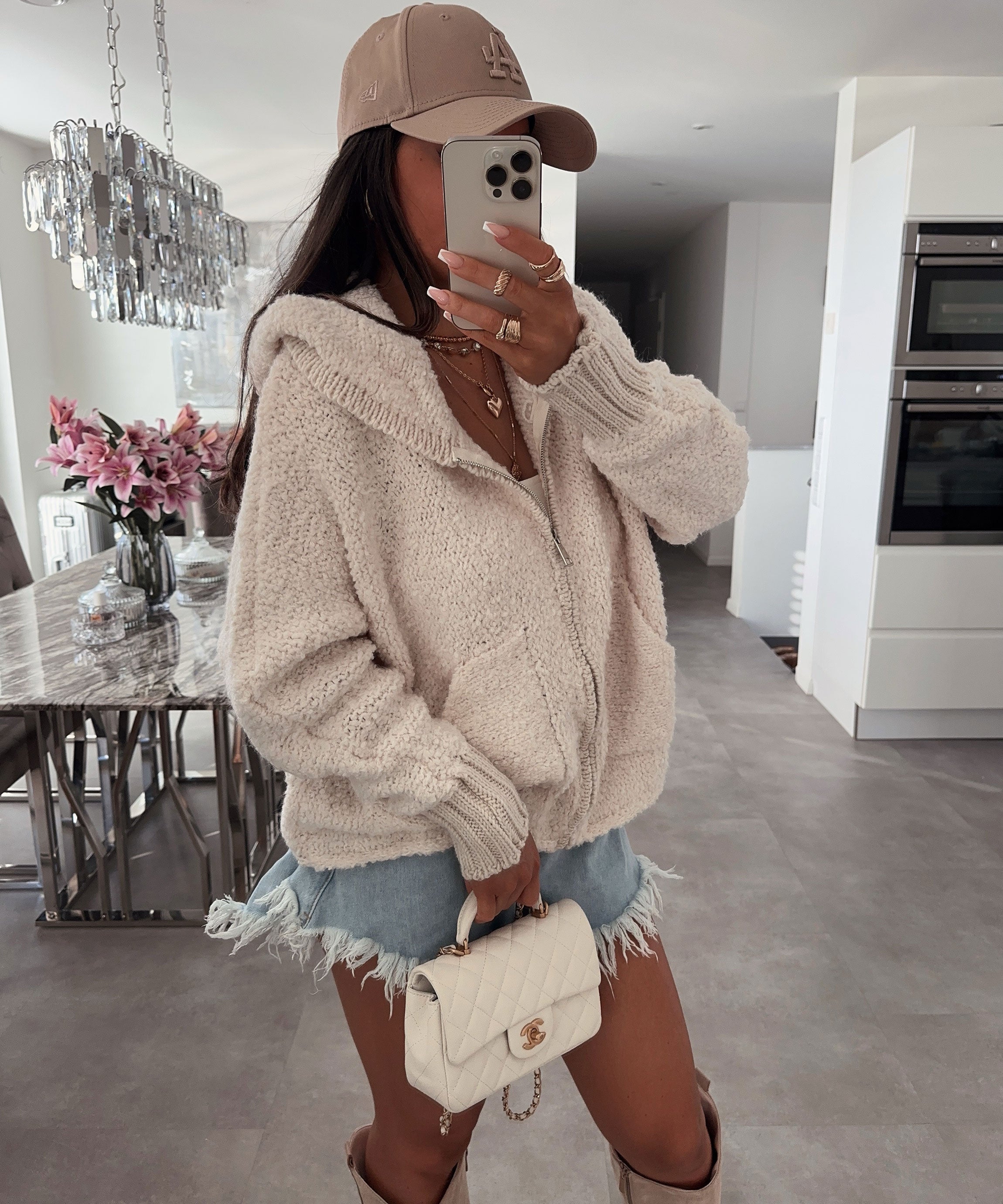 Women’s Boucle Zip Jacket with Hood in Beige