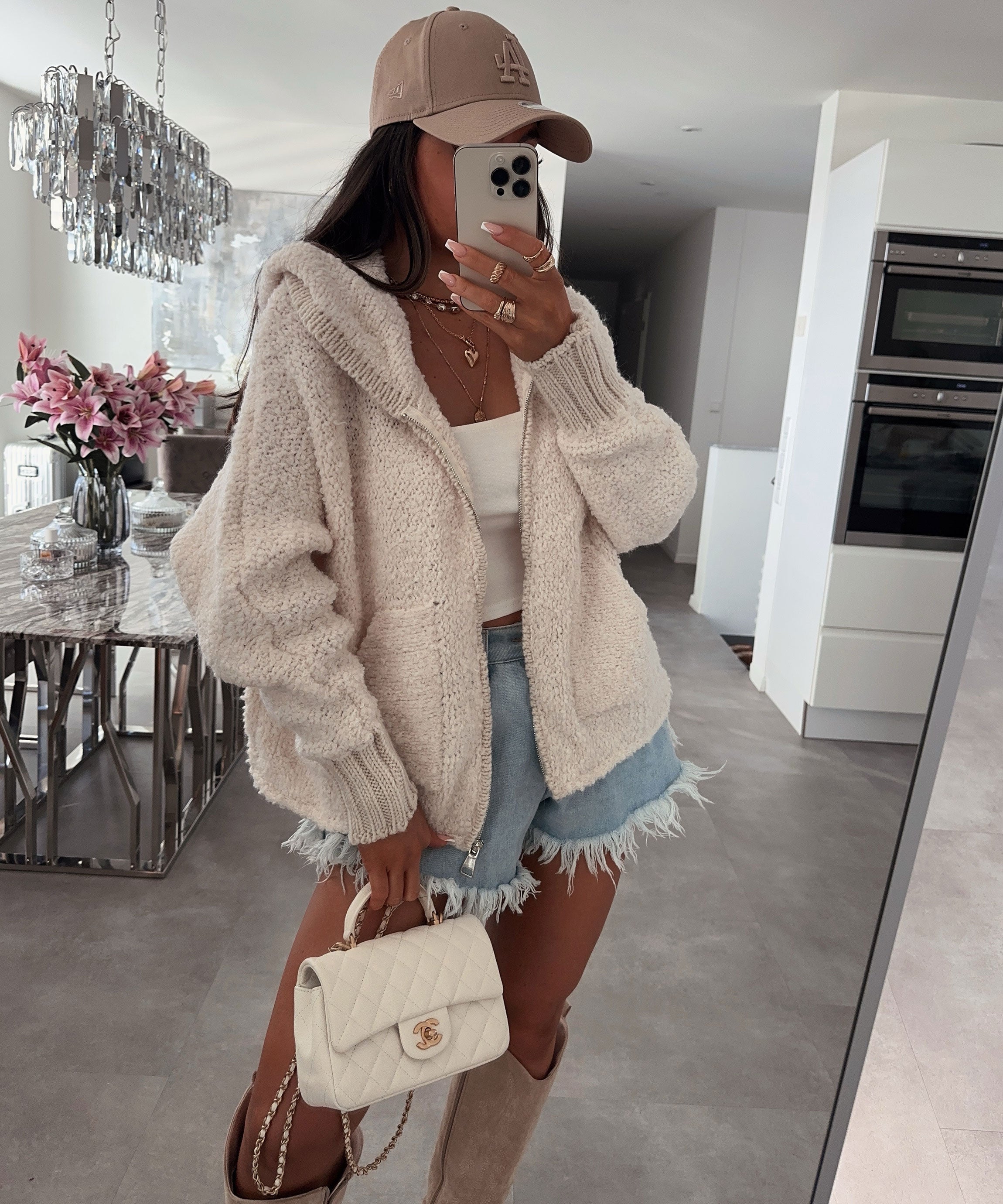 Women’s Boucle Zip Jacket with Hood in Beige