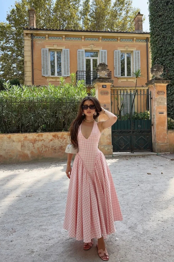Women’s Gingham Midi Dress with V-Neck