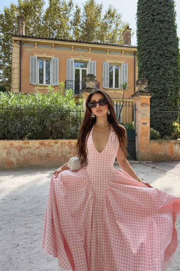 Women’s Gingham Midi Dress with V-Neck