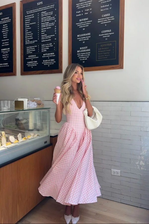 Women’s Gingham Midi Dress with V-Neck