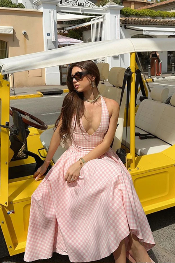 Women’s Gingham Midi Dress with V-Neck