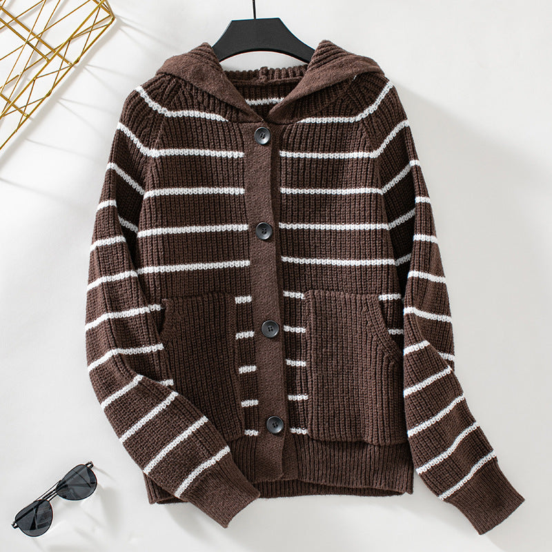 Women’s Hooded Striped Knit Cardigan with Button Front