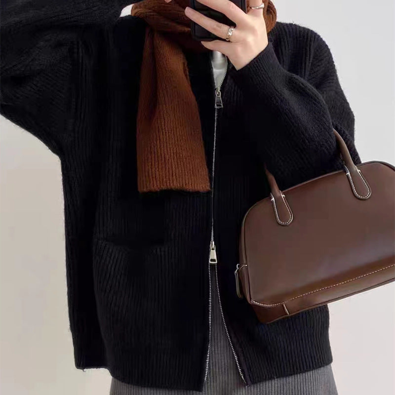 Women’s Oversized Ribbed Knit Cardigan with Dual Zipper and Crew Neck