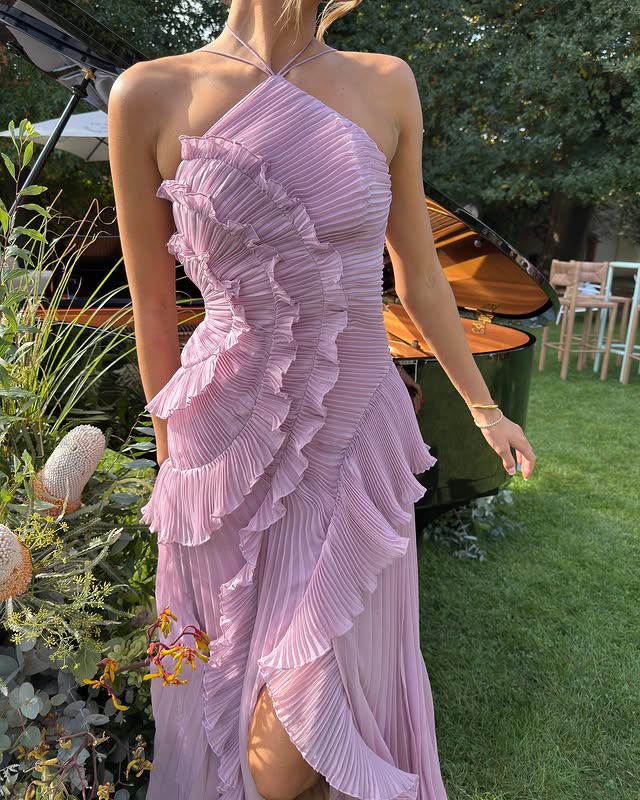 Women’s Ruffle Maxi Dress with Halter Neck & Asymmetrical Skirt