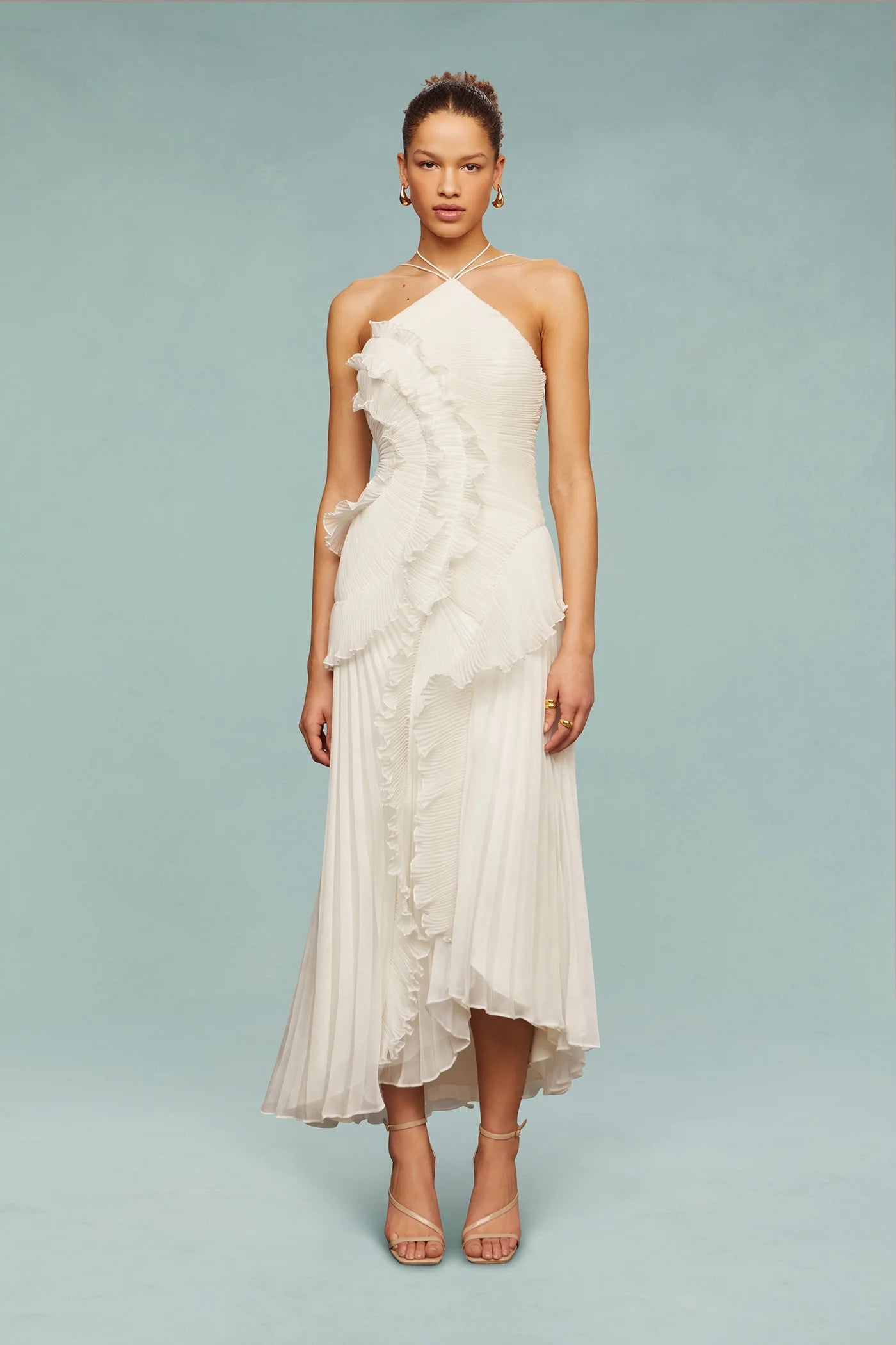 Women’s Ruffle Maxi Dress with Halter Neck & Asymmetrical Skirt