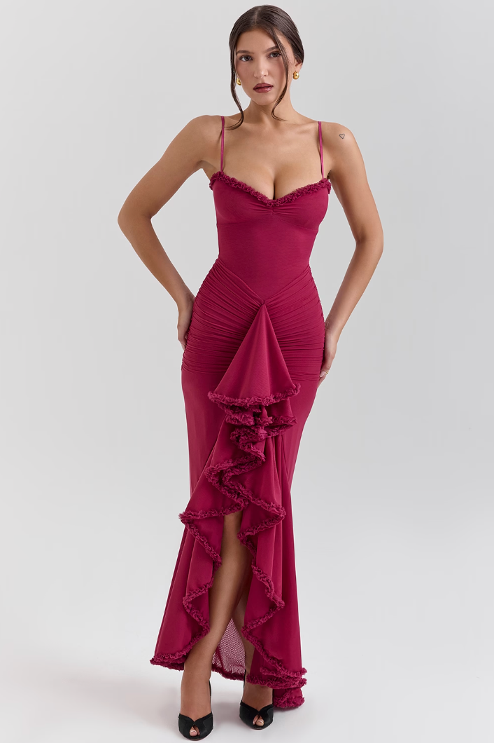 Women’s Ruffled Maxi Dress with Thin Straps