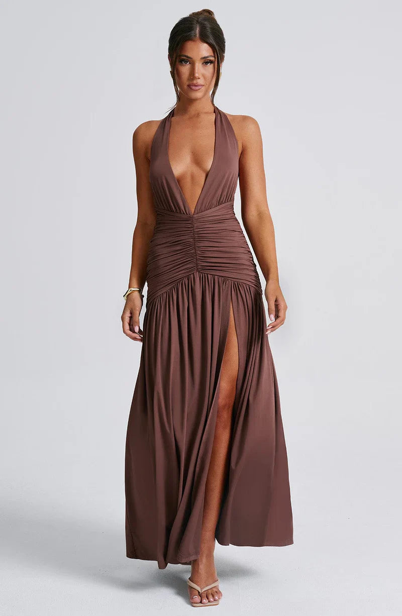 Women’s V-Neck Maxi Dress with Halter Neckline & Thigh Slit