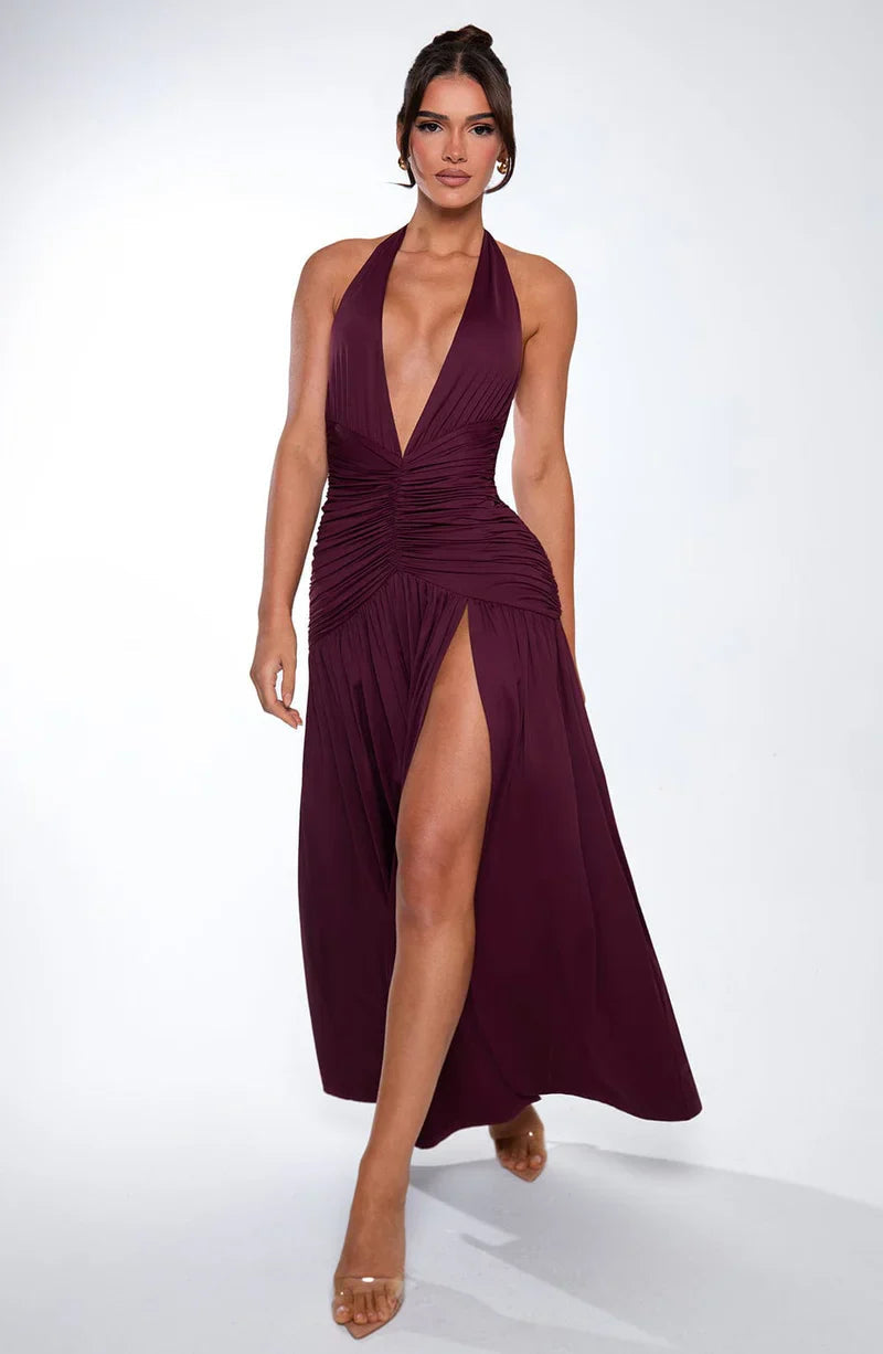 Women’s V-Neck Maxi Dress with Halter Neckline & Thigh Slit