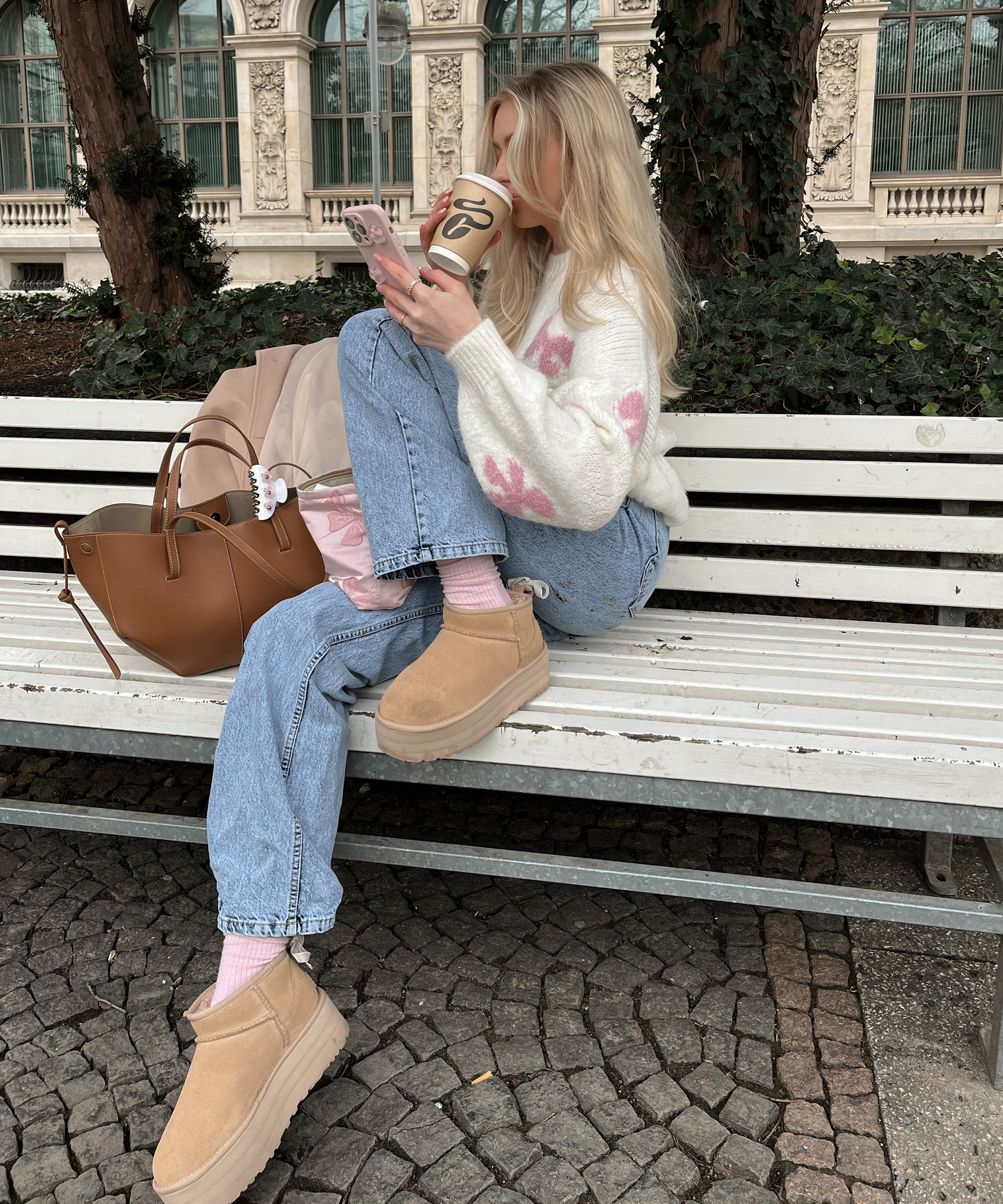 Women's White Sweater with Pink Bow Accents
