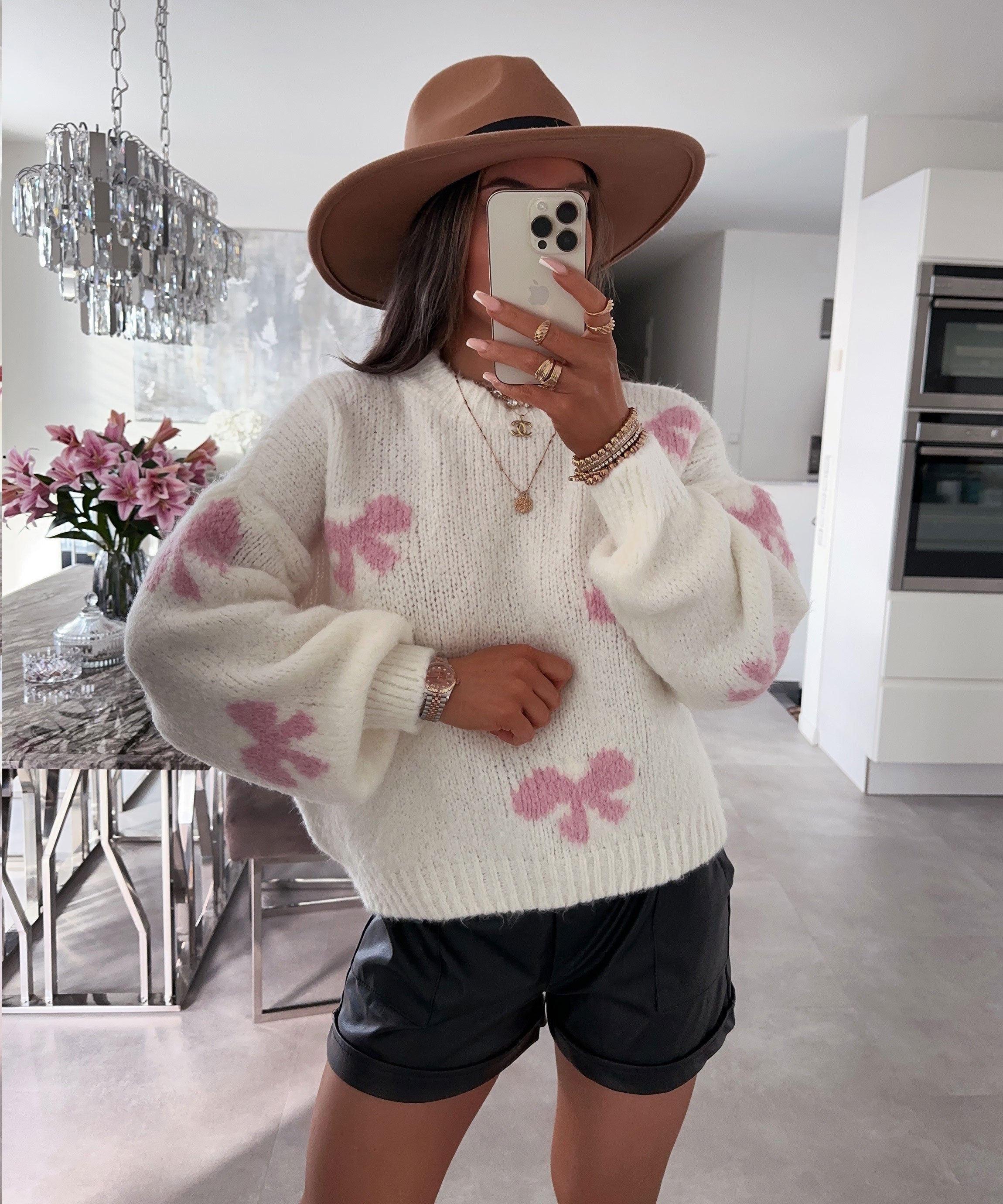 Women's White Sweater with Pink Bow Accents